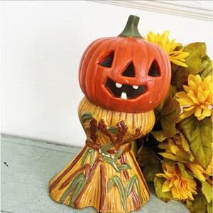 Vintage Halloween Jack O’Lantern Haystack Scarecrow Ceramic Light Cover REPAIRED